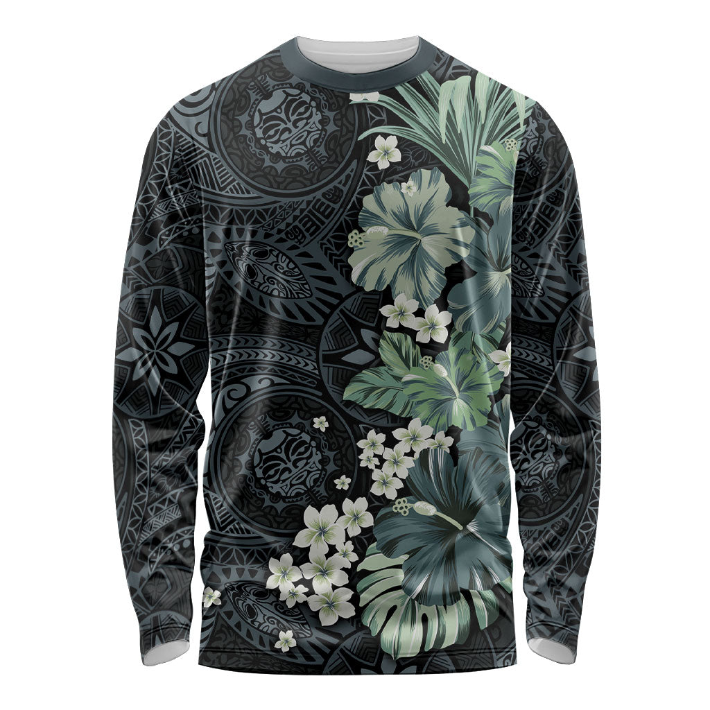 Pauliuli Hawai'i Hibiscus Long Sleeve Shirt Polynesian Tribal Tattoo Pattern Floral Elements