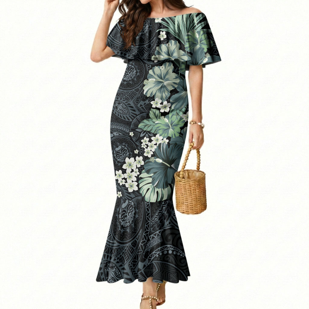 Pauliuli Hawai'i Hibiscus Mermaid Dress Polynesian Tribal Tattoo Pattern Floral Elements