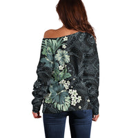 Pauliuli Hawai'i Hibiscus Off Shoulder Sweater Polynesian Tribal Tattoo Pattern Floral Elements