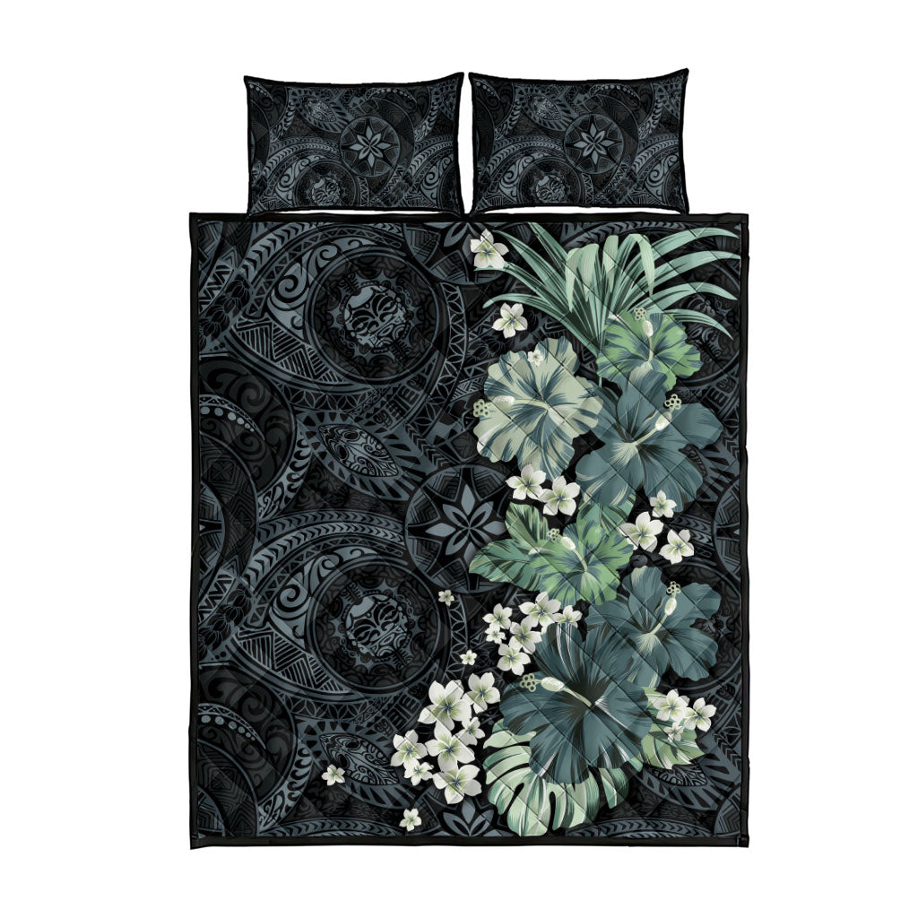 Pauliuli Hawai'i Hibiscus Quilt Bed Set Polynesian Tribal Tattoo Pattern Floral Elements