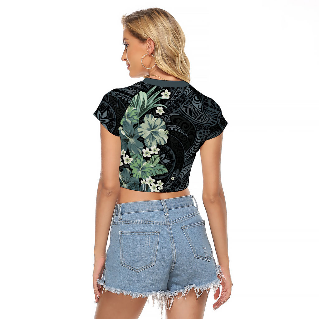 Pauliuli Hawai'i Hibiscus Raglan Cropped T Shirt Polynesian Tribal Tattoo Pattern Floral Elements