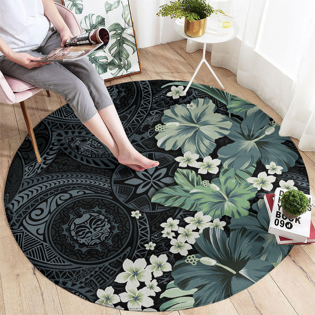 Pauliuli Hawai'i Hibiscus Round Carpet Polynesian Tribal Tattoo Pattern Floral Elements