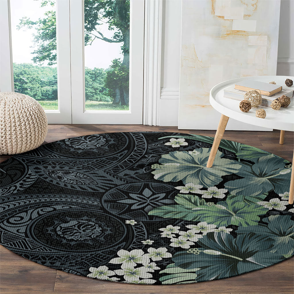 Pauliuli Hawai'i Hibiscus Round Carpet Polynesian Tribal Tattoo Pattern Floral Elements