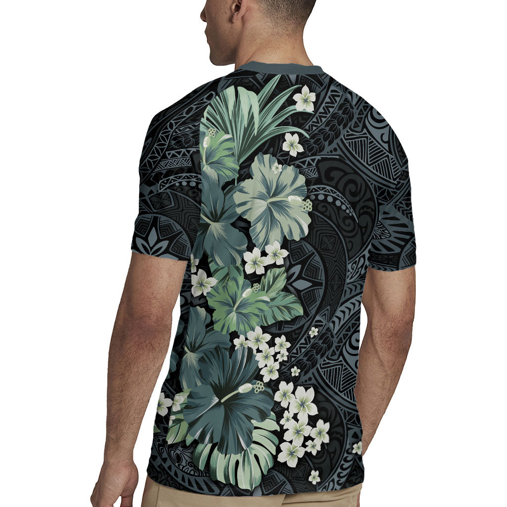 Pauliuli Hawai'i Hibiscus Rugby Jersey Polynesian Tribal Tattoo Pattern Floral Elements