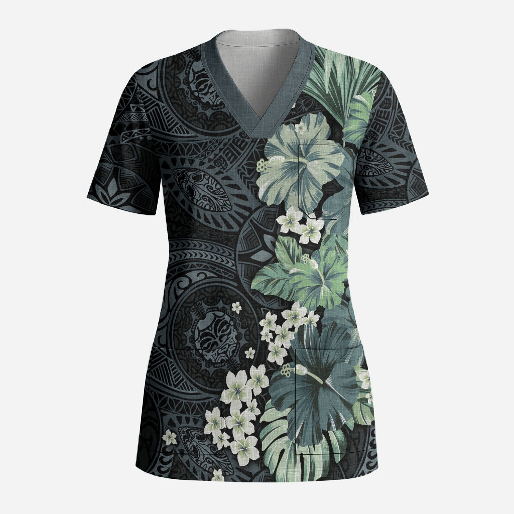 Pauliuli Hawai'i Hibiscus Scrub Top Polynesian Tribal Tattoo Pattern Floral Elements