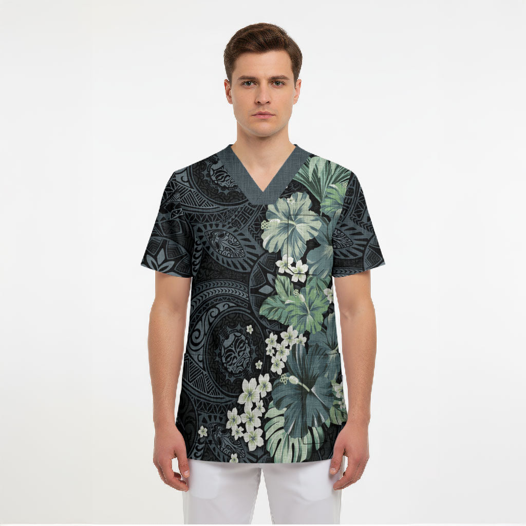 Pauliuli Hawai'i Hibiscus Scrub Top Polynesian Tribal Tattoo Pattern Floral Elements