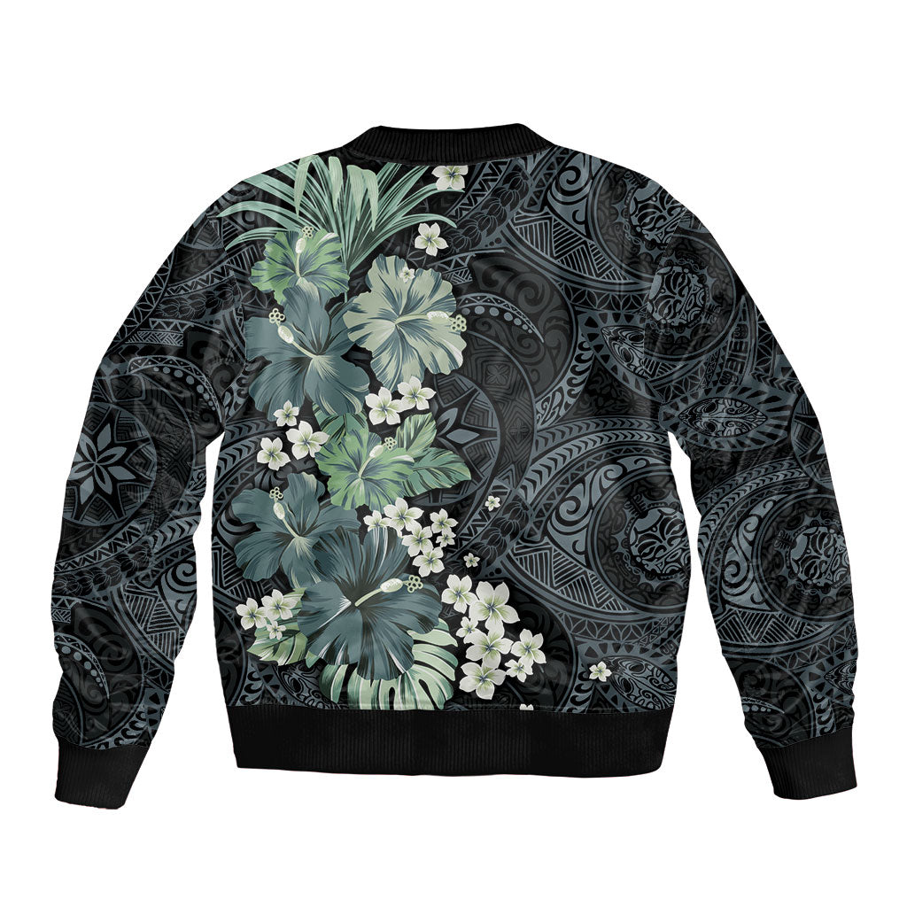 Pauliuli Hawai'i Hibiscus Sleeve Zip Bomber Jacket Polynesian Tribal Tattoo Pattern Floral Elements
