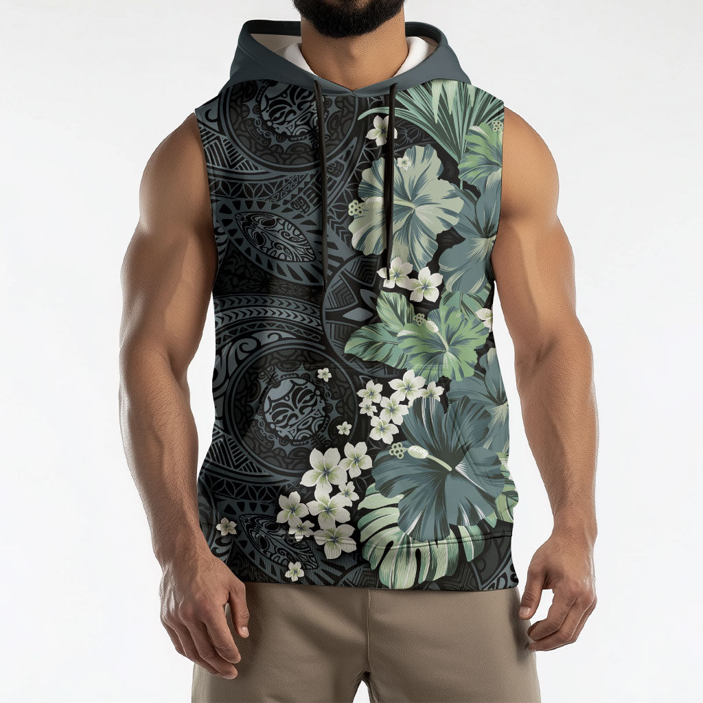 Pauliuli Hawai'i Hibiscus Sleeveless Hoodie Polynesian Tribal Tattoo Pattern Floral Elements