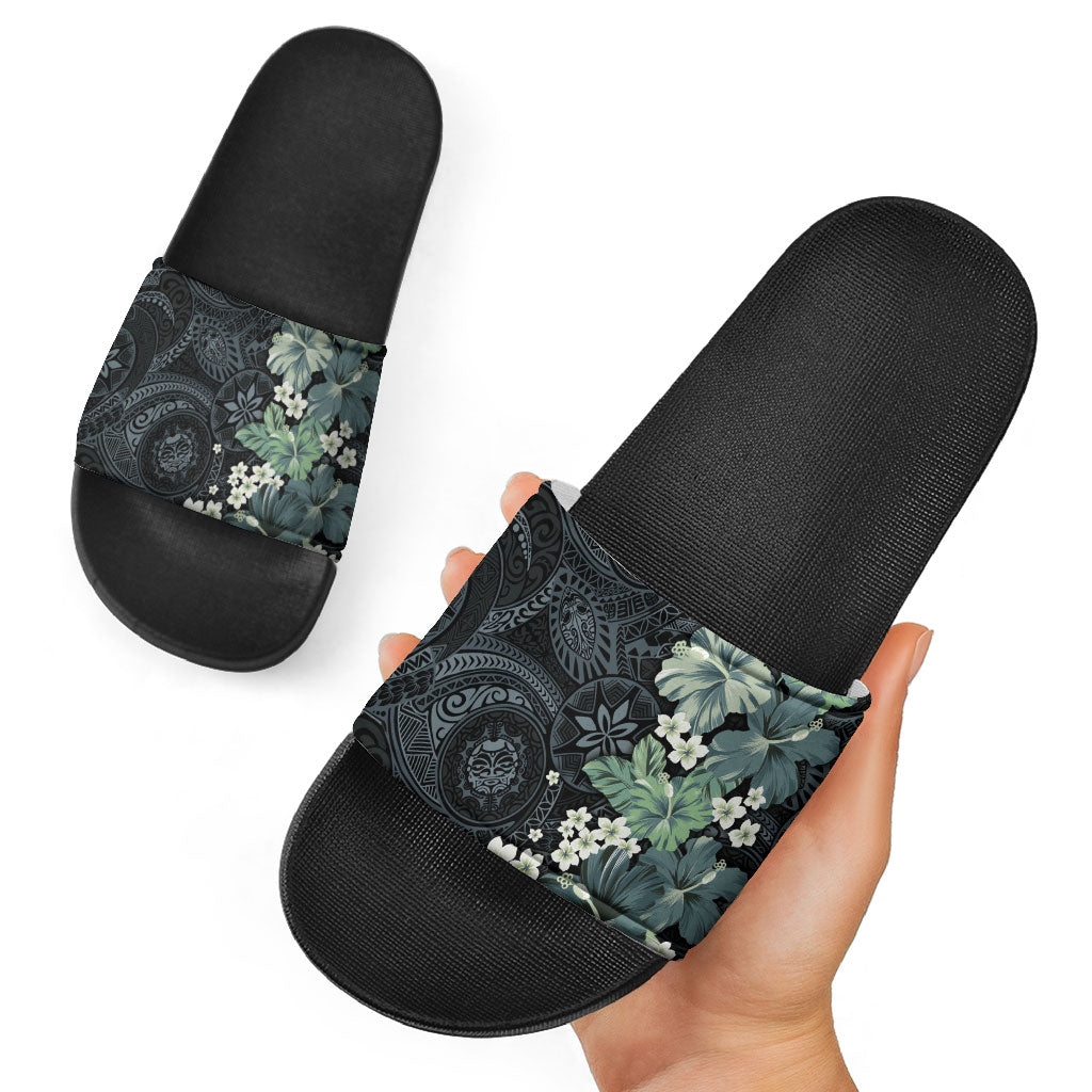Pauliuli Hawai'i Hibiscus Slide Sandals Polynesian Tribal Tattoo Pattern Floral Elements