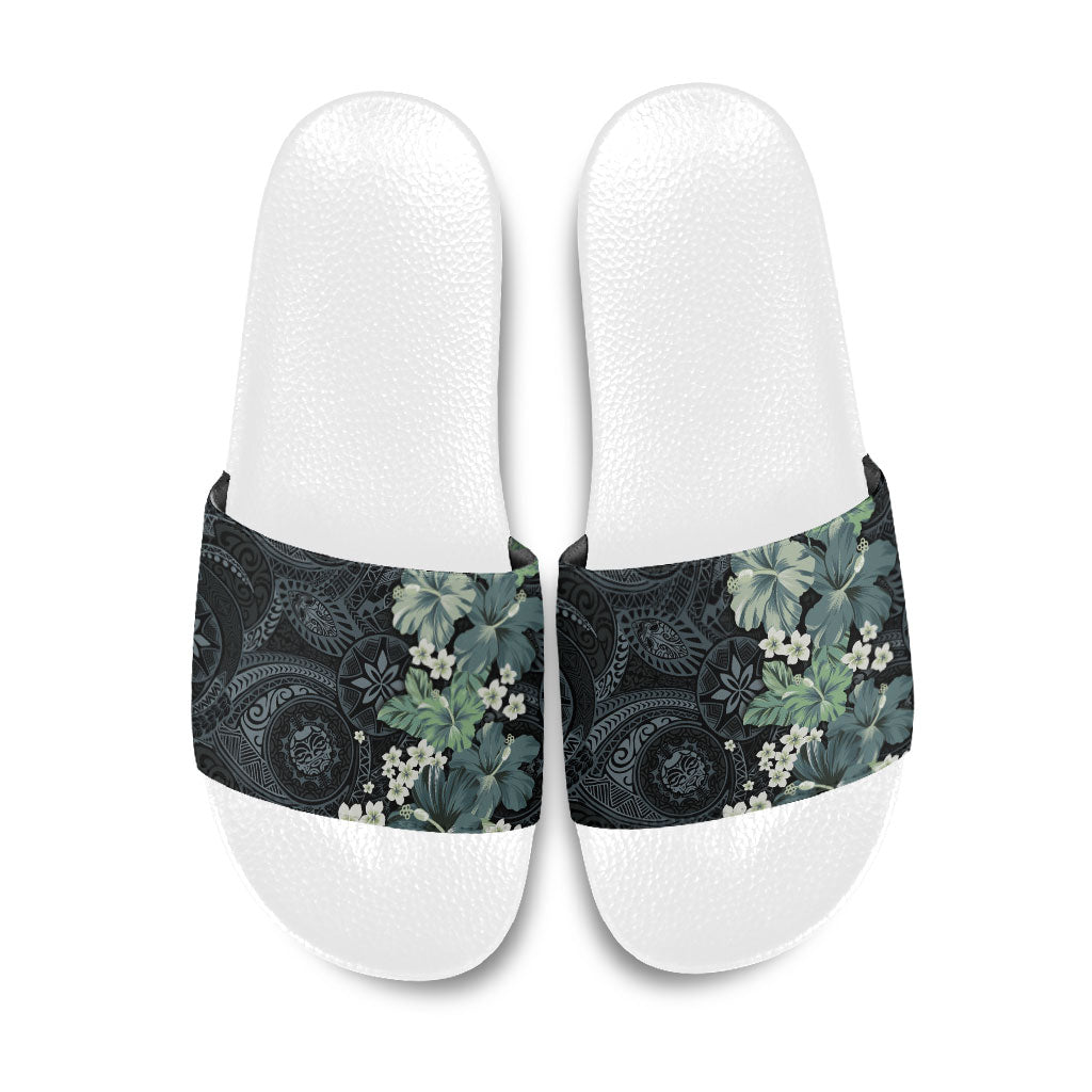 Pauliuli Hawai'i Hibiscus Slide Sandals Polynesian Tribal Tattoo Pattern Floral Elements