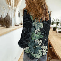 Pauliuli Hawai'i Hibiscus Women Casual Shirt Polynesian Tribal Tattoo Pattern Floral Elements
