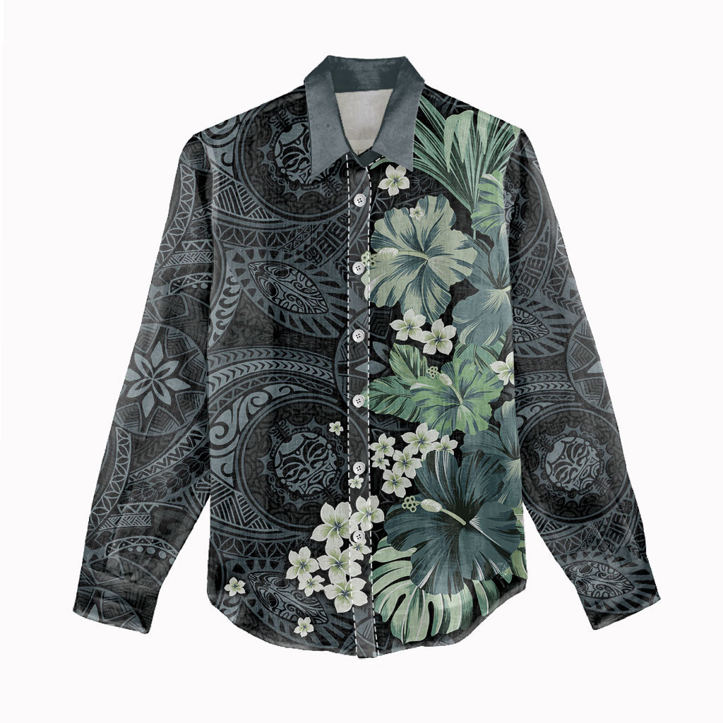Pauliuli Hawai'i Hibiscus Women Casual Shirt Polynesian Tribal Tattoo Pattern Floral Elements