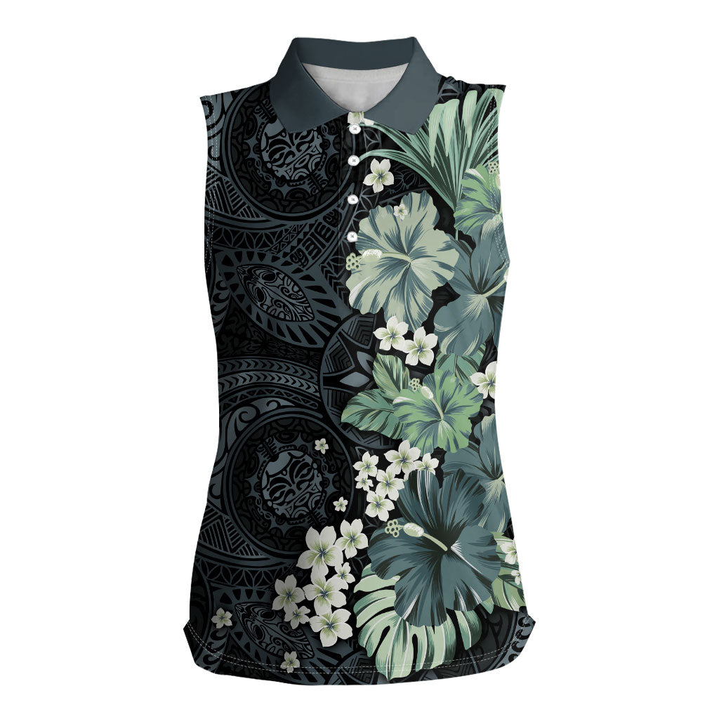 Pauliuli Hawai'i Hibiscus Women Sleeveless Polo Shirt Polynesian Tribal Tattoo Pattern Floral Elements
