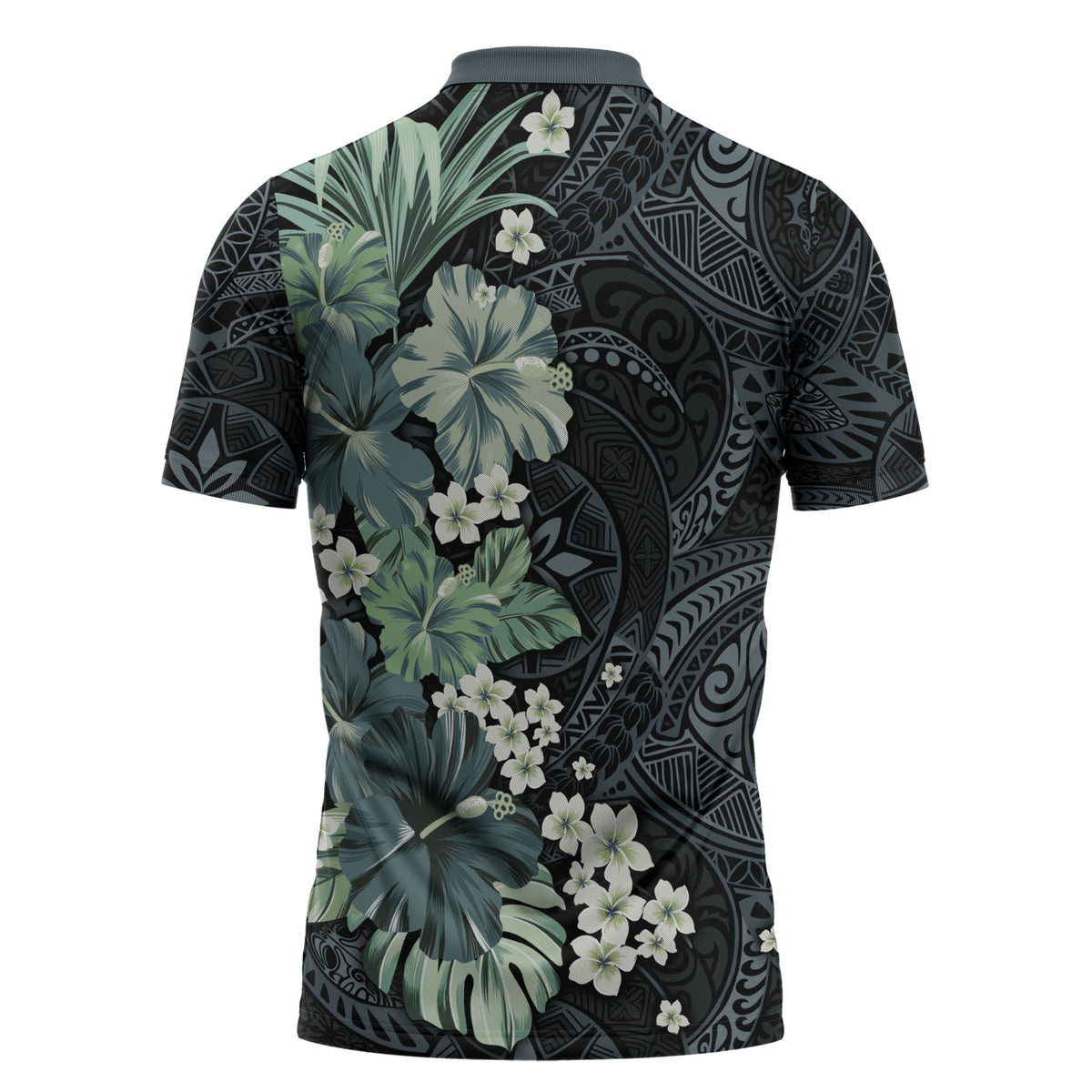 Pauliuli Hawai'i Hibiscus Zipper Polo Shirt Polynesian Tribal Tattoo Pattern Floral Elements