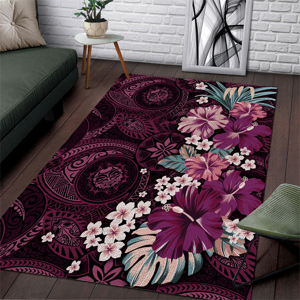 Poni Mama Hawai'i Hibiscus Area Rug Polynesian Tribal Tattoo Pattern Floral Elements LT9 Pink - Polynesian Pride