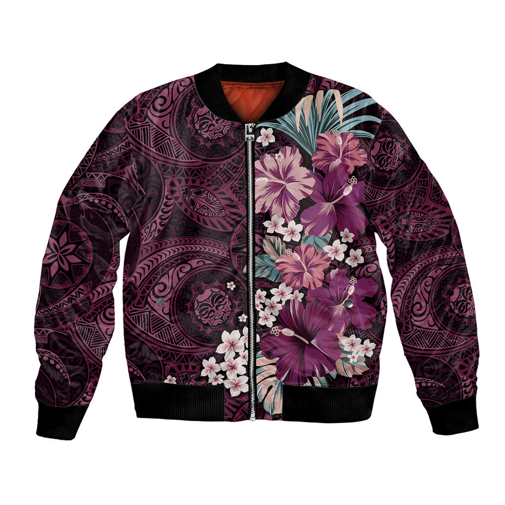Poni Mama Hawai'i Hibiscus Bomber Jacket Polynesian Tribal Tattoo Pattern Floral Elements
