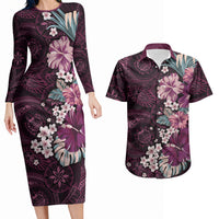 Poni Mama Hawai'i Hibiscus Couples Matching Long Sleeve Bodycon Dress and Hawaiian Shirt Polynesian Tribal Tattoo Pattern Floral Elements