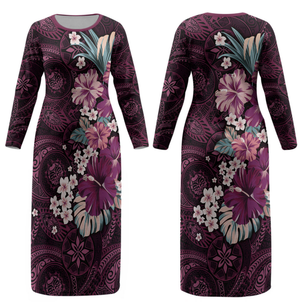 Poni Mama Hawai'i Hibiscus Couples Matching Long Sleeve Bodycon Dress and Hawaiian Shirt Polynesian Tribal Tattoo Pattern Floral Elements