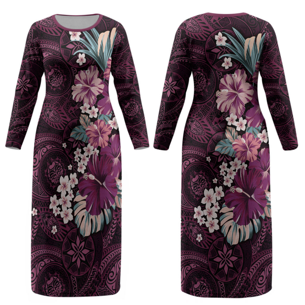 Poni Mama Hawai'i Hibiscus Couples Matching Long Sleeve Bodycon Dress and Long Sleeve Button Shirt Polynesian Tribal Tattoo Pattern Floral Elements