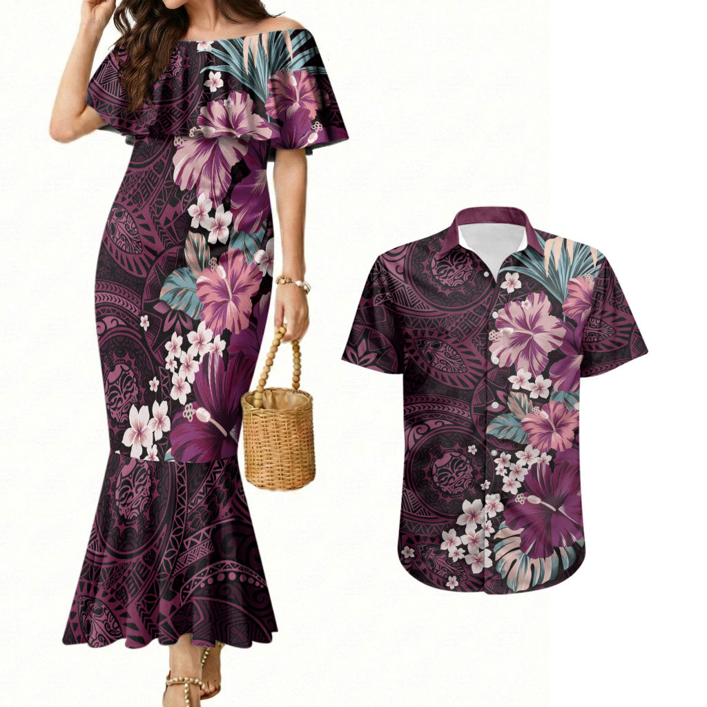Poni Mama Hawai'i Hibiscus Couples Matching Mermaid Dress and Hawaiian Shirt Polynesian Tribal Tattoo Pattern Floral Elements