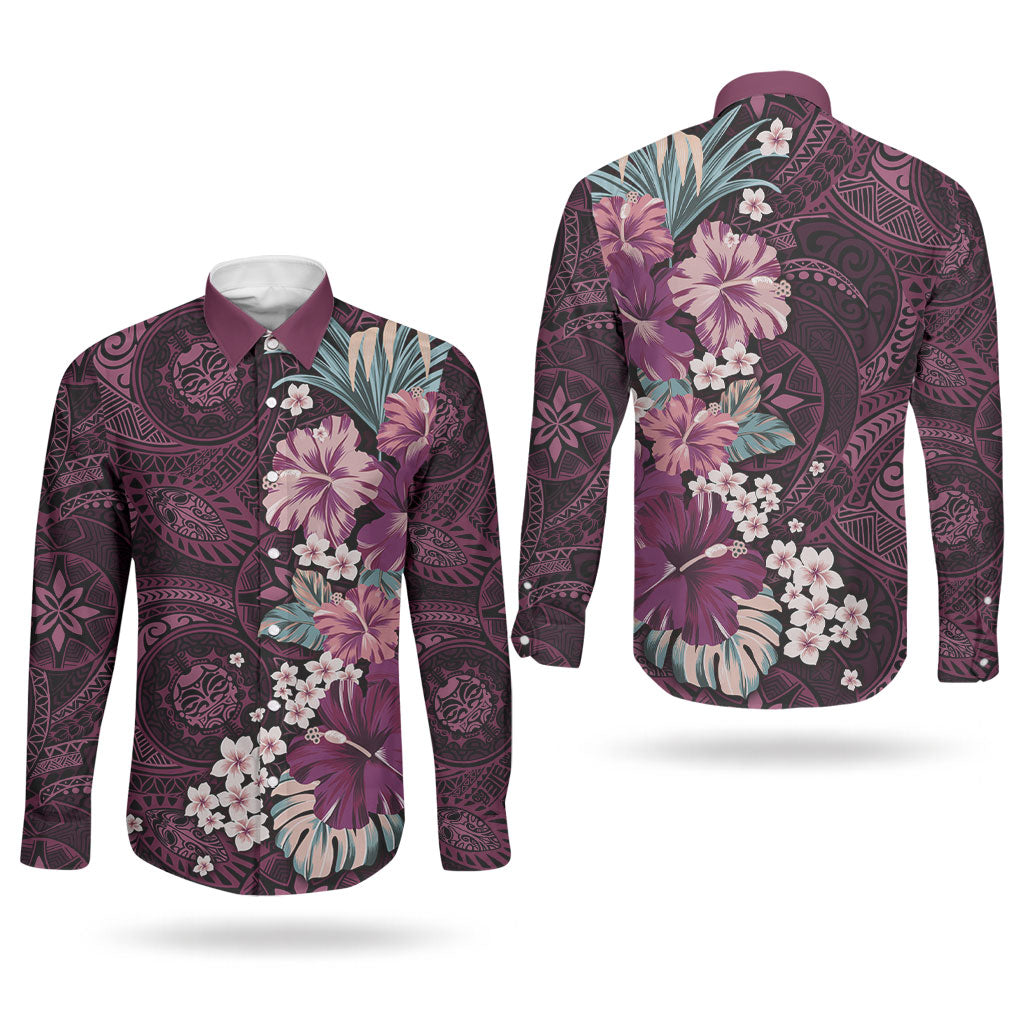 Poni Mama Hawai'i Hibiscus Couples Matching Mermaid Dress and Long Sleeve Button Shirt Polynesian Tribal Tattoo Pattern Floral Elements