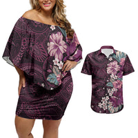 Poni Mama Hawai'i Hibiscus Couples Matching Off Shoulder Short Dress and Hawaiian Shirt Polynesian Tribal Tattoo Pattern Floral Elements