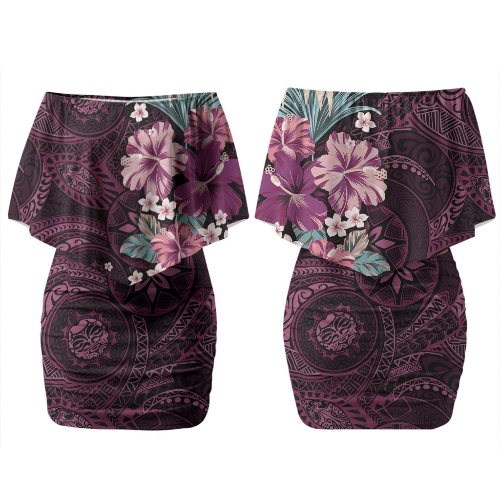 Poni Mama Hawai'i Hibiscus Couples Matching Off Shoulder Short Dress and Hawaiian Shirt Polynesian Tribal Tattoo Pattern Floral Elements