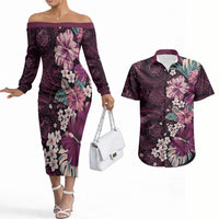 Poni Mama Hawai'i Hibiscus Couples Matching Off The Shoulder Long Sleeve Dress and Hawaiian Shirt Polynesian Tribal Tattoo Pattern Floral Elements