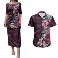 Poni Mama Hawai'i Hibiscus Couples Matching Puletasi and Hawaiian Shirt Polynesian Tribal Tattoo Pattern Floral Elements