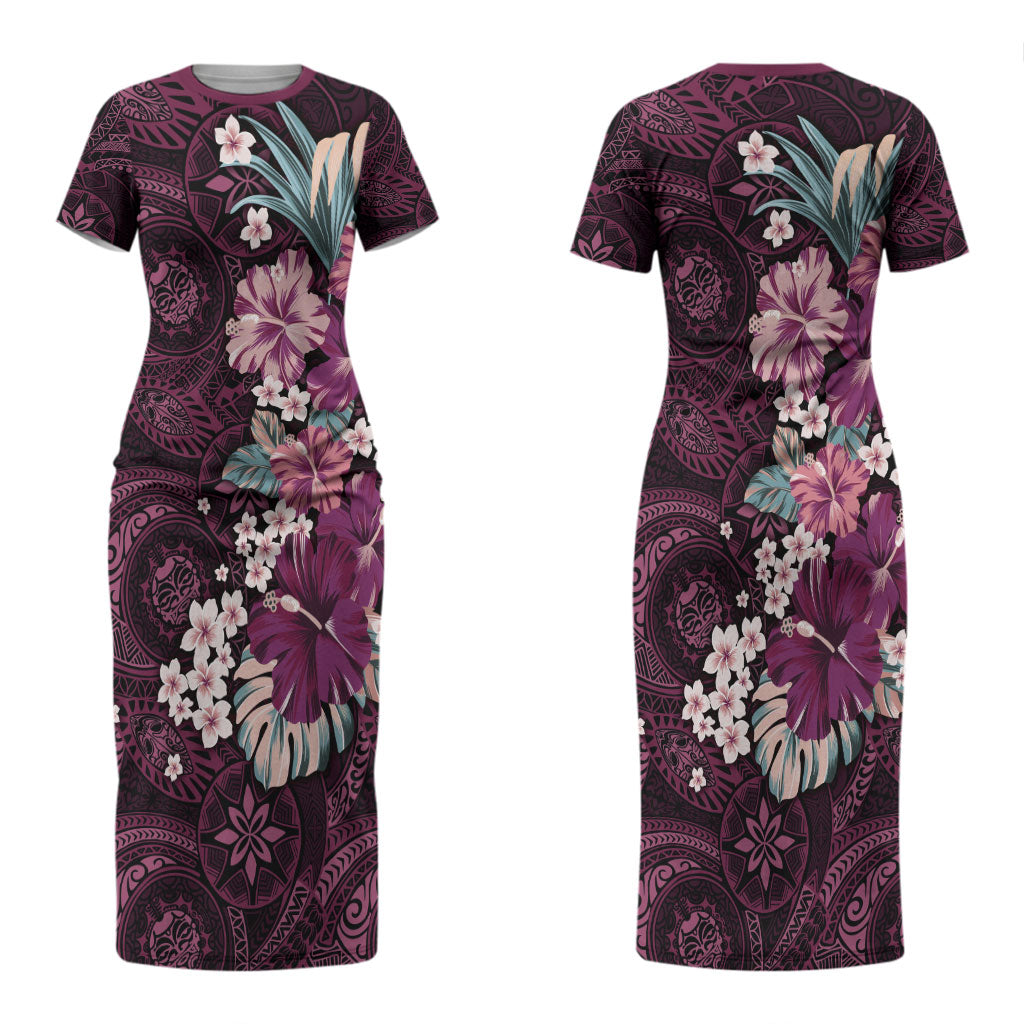 Poni Mama Hawai'i Hibiscus Couples Matching Short Sleeve Bodycon Dress and Hawaiian Shirt Polynesian Tribal Tattoo Pattern Floral Elements