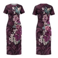 Poni Mama Hawai'i Hibiscus Couples Matching Short Sleeve Bodycon Dress and Hawaiian Shirt Polynesian Tribal Tattoo Pattern Floral Elements