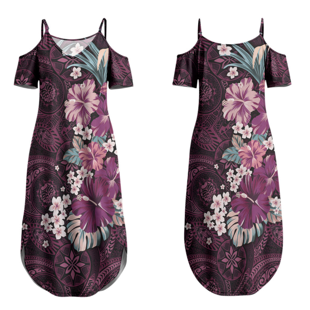 Poni Mama Hawai'i Hibiscus Couples Matching Summer Maxi Dress and Hawaiian Shirt Polynesian Tribal Tattoo Pattern Floral Elements