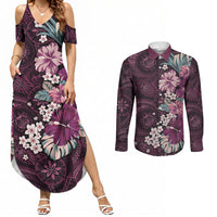 Poni Mama Hawai'i Hibiscus Couples Matching Summer Maxi Dress and Long Sleeve Button Shirt Polynesian Tribal Tattoo Pattern Floral Elements