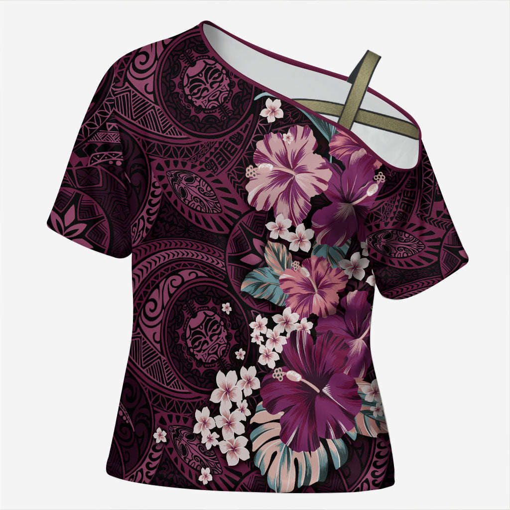 Poni Mama Hawai'i Hibiscus Cross Shoulder Shirt Polynesian Tribal Tattoo Pattern Floral Elements