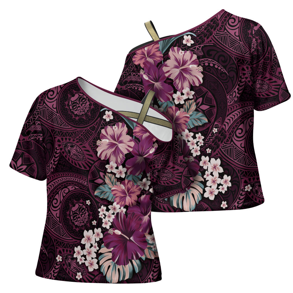 Poni Mama Hawai'i Hibiscus Cross Shoulder Shirt Polynesian Tribal Tattoo Pattern Floral Elements