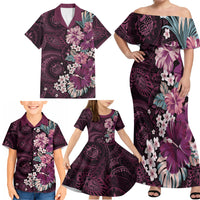 Poni Mama Hawai'i Hibiscus Family Matching Off Shoulder Maxi Dress and Hawaiian Shirt Polynesian Tribal Tattoo Pattern Floral Elements