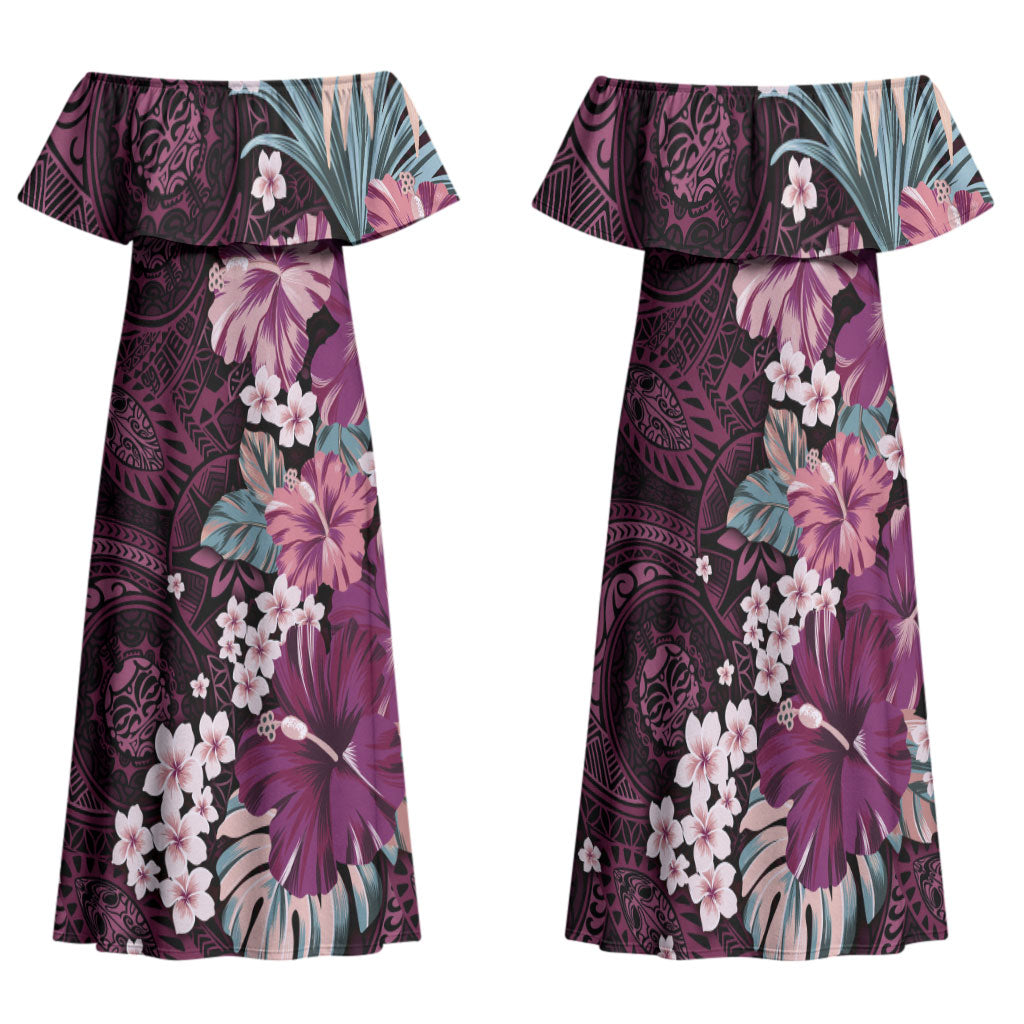 Poni Mama Hawai'i Hibiscus Family Matching Off Shoulder Maxi Dress and Hawaiian Shirt Polynesian Tribal Tattoo Pattern Floral Elements