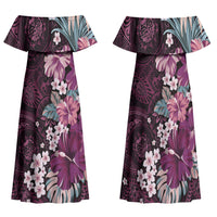Poni Mama Hawai'i Hibiscus Family Matching Off Shoulder Maxi Dress and Hawaiian Shirt Polynesian Tribal Tattoo Pattern Floral Elements