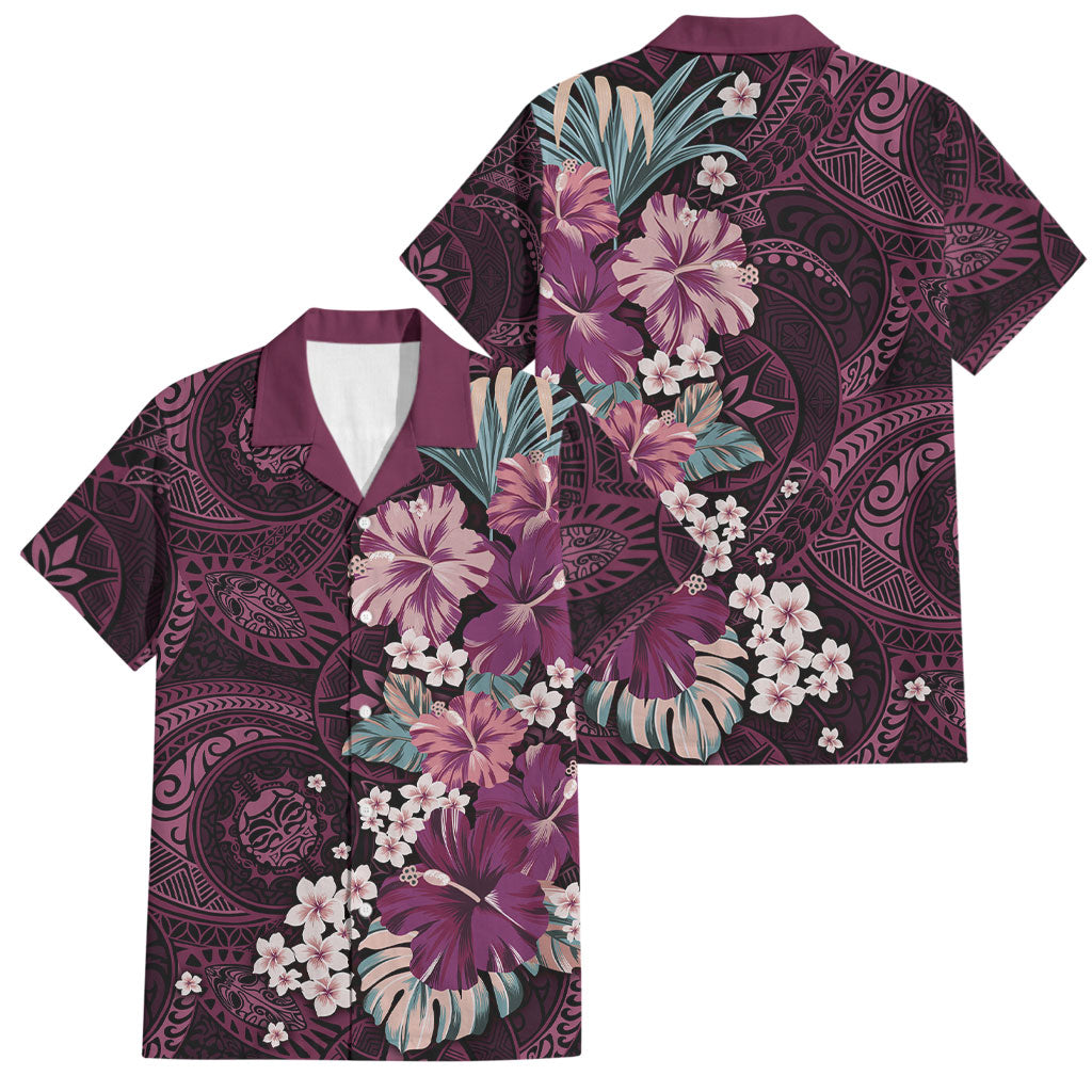 Poni Mama Hawai'i Hibiscus Family Matching Off Shoulder Maxi Dress and Hawaiian Shirt Polynesian Tribal Tattoo Pattern Floral Elements