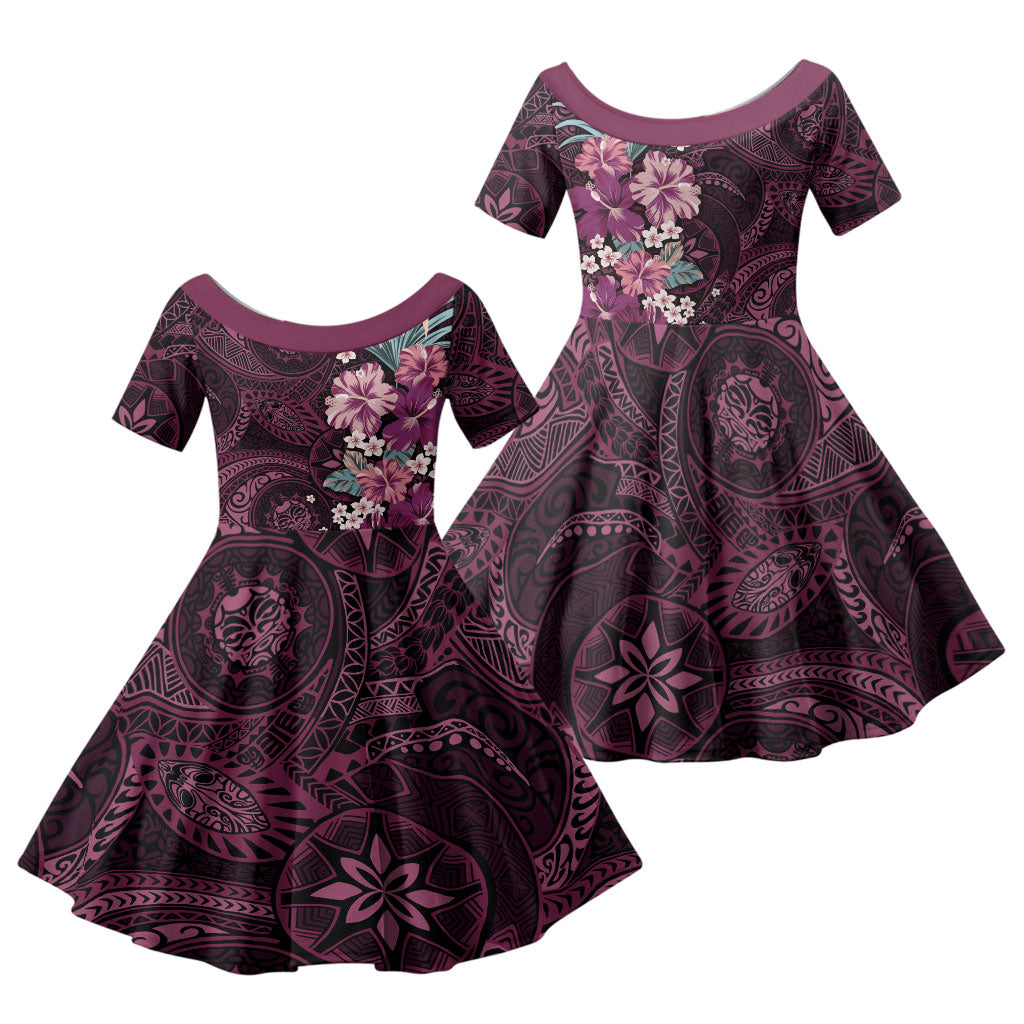 Poni Mama Hawai'i Hibiscus Family Matching Off Shoulder Maxi Dress and Hawaiian Shirt Polynesian Tribal Tattoo Pattern Floral Elements