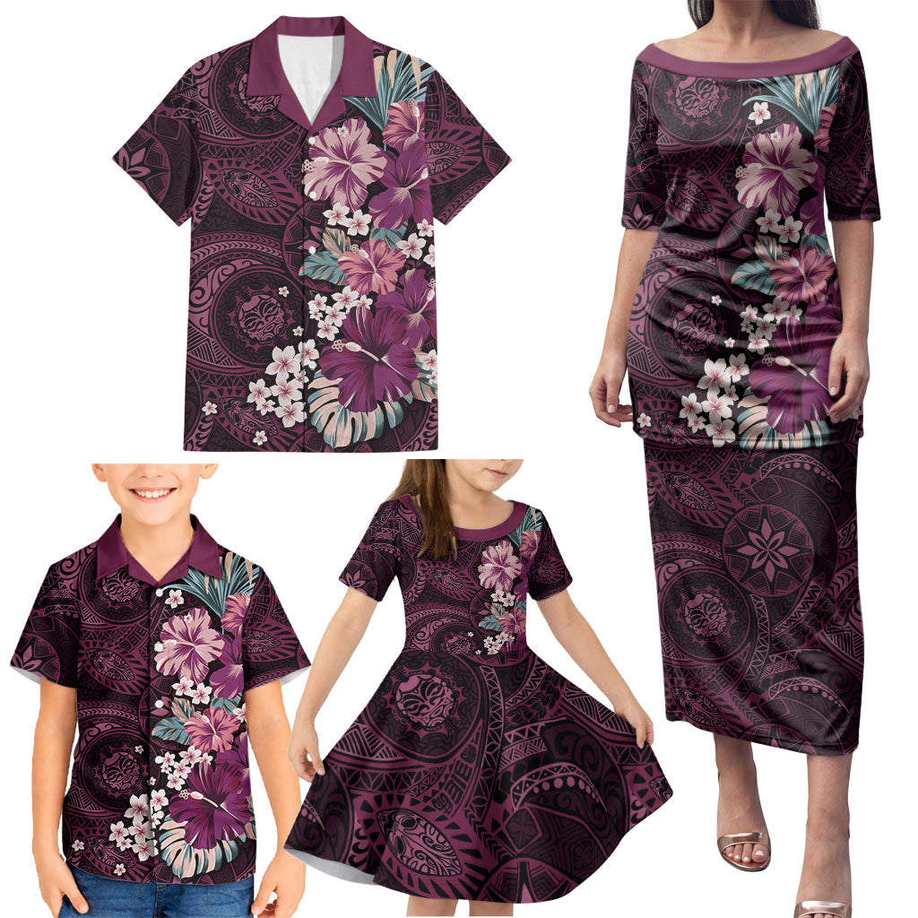 Poni Mama Hawai'i Hibiscus Family Matching Puletasi and Hawaiian Shirt Polynesian Tribal Tattoo Pattern Floral Elements