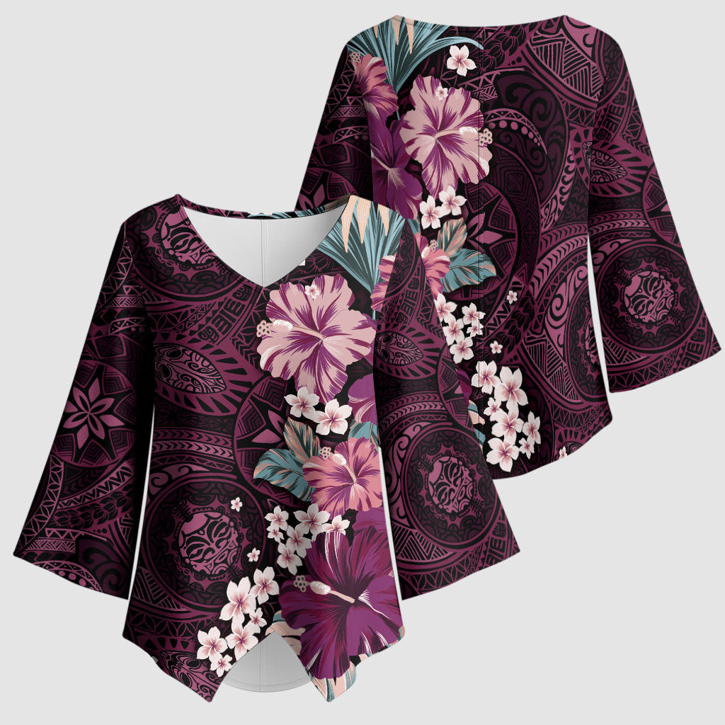 Poni Mama Hawai'i Hibiscus Kimono Sleeve Blouse Polynesian Tribal Tattoo Pattern Floral Elements