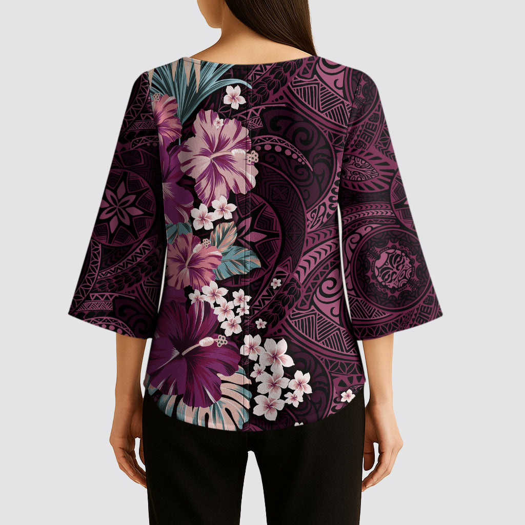 Poni Mama Hawai'i Hibiscus Kimono Sleeve Blouse Polynesian Tribal Tattoo Pattern Floral Elements