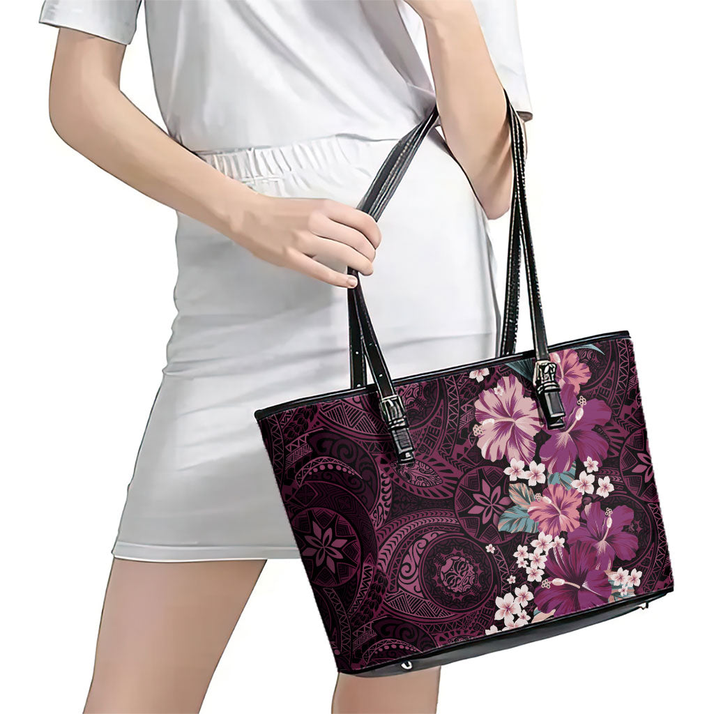 Poni Mama Hawai'i Hibiscus Leather Tote Bag Polynesian Tribal Tattoo Pattern Floral Elements