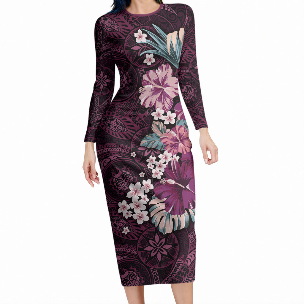 Poni Mama Hawai'i Hibiscus Long Sleeve Bodycon Dress Polynesian Tribal Tattoo Pattern Floral Elements