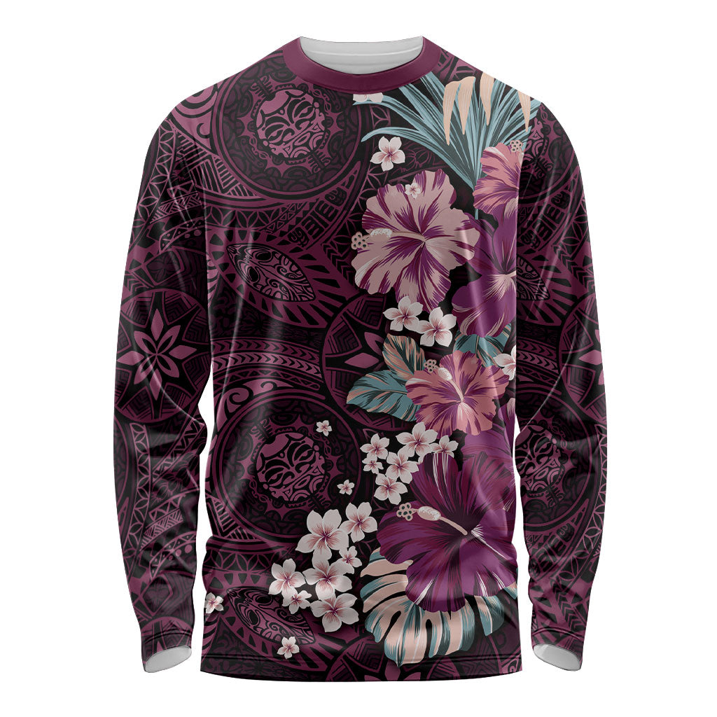 Poni Mama Hawai'i Hibiscus Long Sleeve Shirt Polynesian Tribal Tattoo Pattern Floral Elements LT9 Unisex Pink - Polynesian Pride