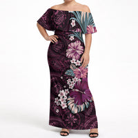Poni Mama Hawai'i Hibiscus Off Shoulder Maxi Dress Polynesian Tribal Tattoo Pattern Floral Elements
