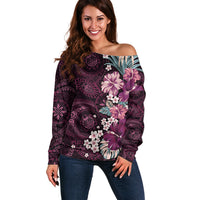 Poni Mama Hawai'i Hibiscus Off Shoulder Sweater Polynesian Tribal Tattoo Pattern Floral Elements