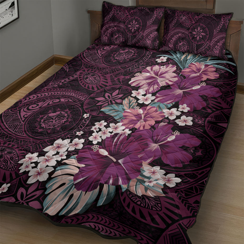 Poni Mama Hawai'i Hibiscus Quilt Bed Set Polynesian Tribal Tattoo Pattern Floral Elements