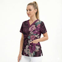 Poni Mama Hawai'i Hibiscus Scrub Top Polynesian Tribal Tattoo Pattern Floral Elements